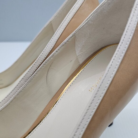 Tory Burch Double T Buckle Pump Womens 10.5 Tan Cream Leather Pointed Toe Heels - Picture 9 of 16